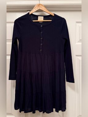 Harper Heritage Dress Women Medium Navy Waffle Knit Tiered Henley Mini CDN2834
